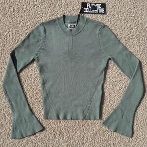 Ribbed Bell Sleeve Sweater Top Muted Sage Future Collective XXS NWT